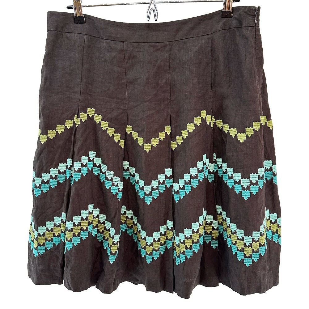 ANN TAYLOR LOFT 100% Linen Boho Embroidered Skirt • 14 P • chocolate brown